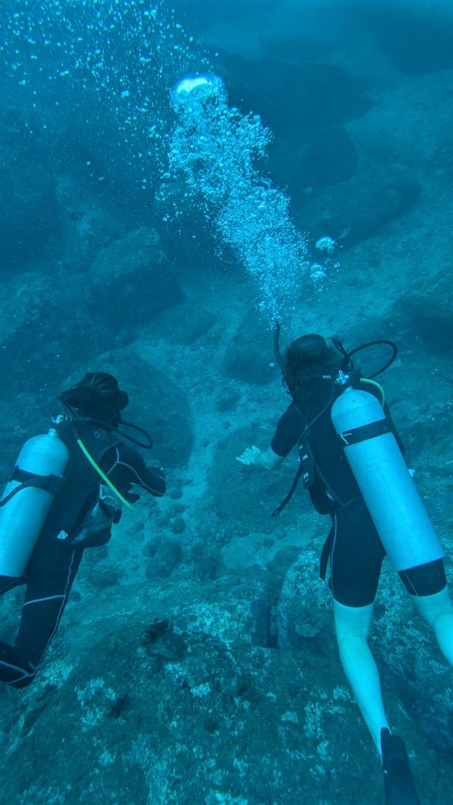 A happy scuba diver making a rock-on hand signal underwater